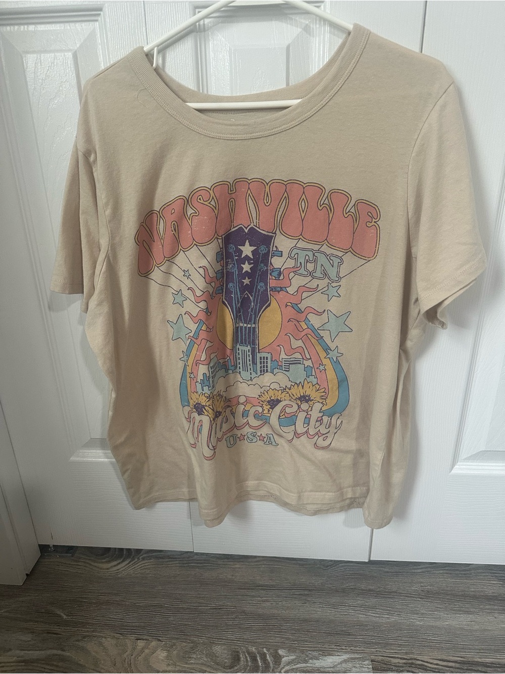 Zoe + Liv Beige Nashville Graphic Tee with Pink & Blue Print